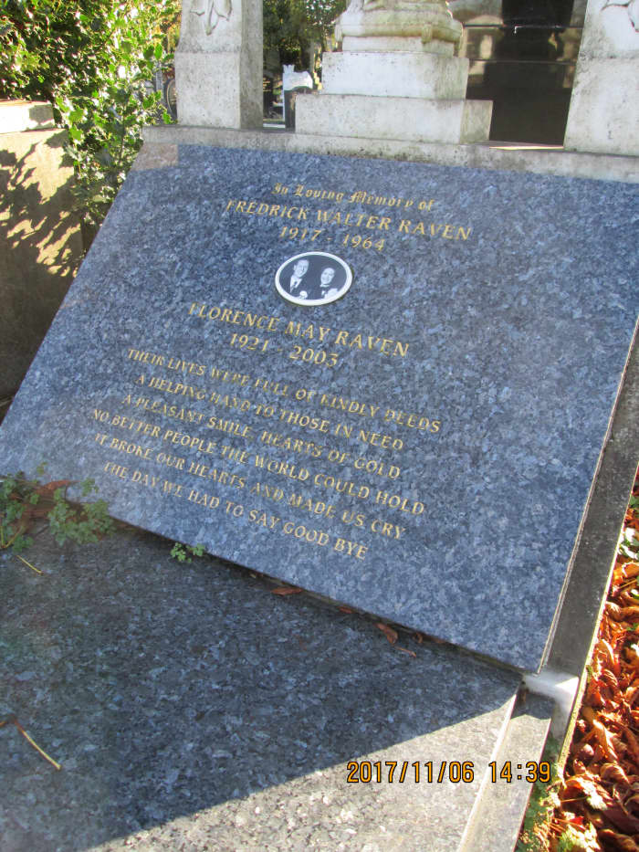 Tastefully executed with an inlaid photograph of the couple, this memorial to a Frederick Walter Raven and his wife, Florence May is set beside the main through thoroughfare between trees