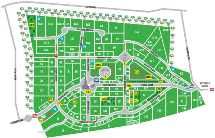 Map of Manor Park Cemetery, surrounded on the north by houses facing Capel Road, east by Whitta Road flats and houses, west by Ridley Road housing and south by the main and local railway lines