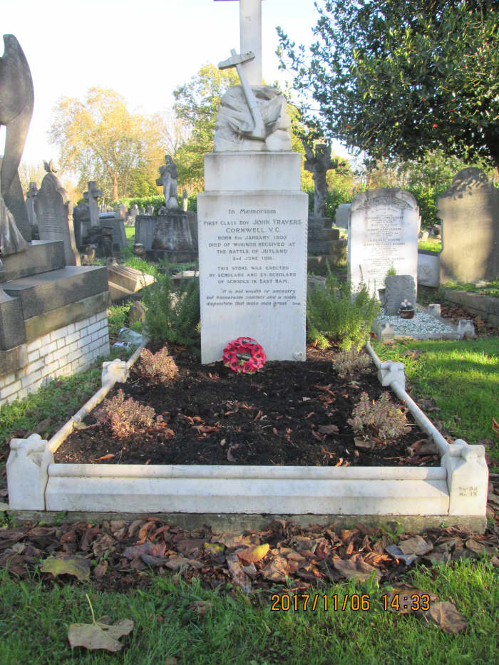 The grave of John 'Jack' Travers Cornwell, centre of Remembrance Sunday services in East London. With him are an older brother - killed 1918 in France - mother and father - the memorial was paid for through subscription by pupils of his old school