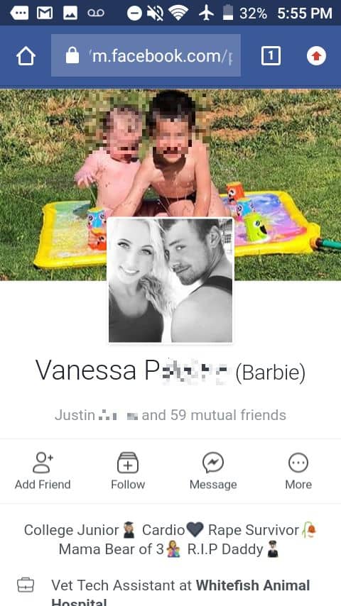 Suspected Catfish's profile on Facebook, surname censored. Two children's faces were also censored for their privacy. Those of you who already recognized the woman, please refrain from commenting.
