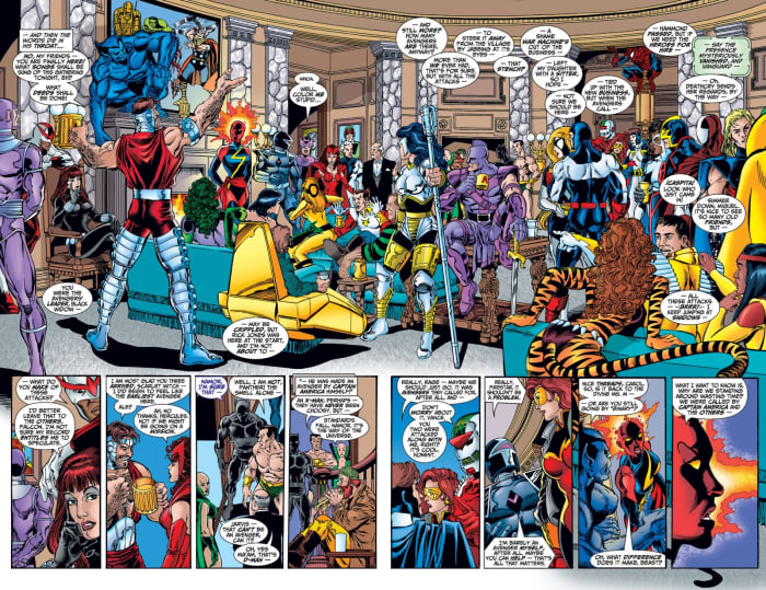Double page spread from Avengers #1 1998 comic series. Bottom panels show Binary in iconic Ms. Marvel costume.