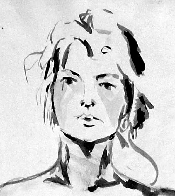 A life drawing/painting created with gouache, thick paint and washes of grayscale tones, a nice example of mark making with a flat brush showing how the brush can be used to lay down think and thin lines.