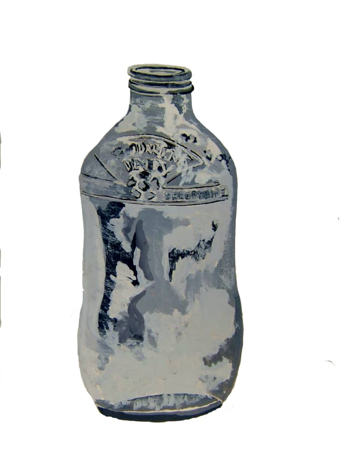A good old Shropshire dairy's glass milk bottle, better than plastic to paint with black and white gouache.