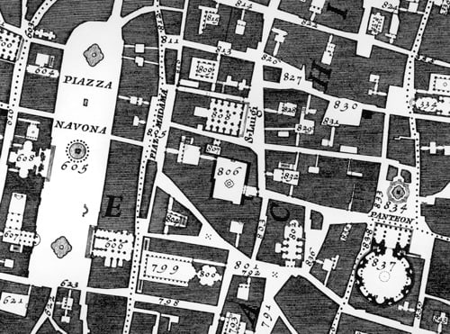 Nolli, who mapped the churches of Rome in 1748. The pochéd plans show some unique buildings, churches, of the public sector-call them Ducks if you like. The white areas are the public open space. The private sector is hatched grey. "Nolli" makes the