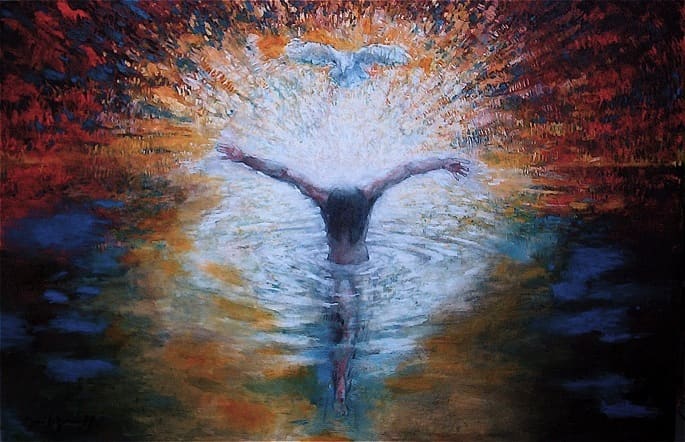 The Baptism of Christ Painting Status: This painting is owned by Saint George Cathedral, Jerusalem. Painting by Daniel Bonnell. Note: Head bending down