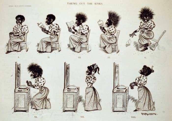 "Taking out the kinks." This 1895 charicature is an unkind parody of a woman seeking to smooth out her hair. The comic strip suggests that her hair stood out on end because of a hair-raising novel. By the end, she has good hair.