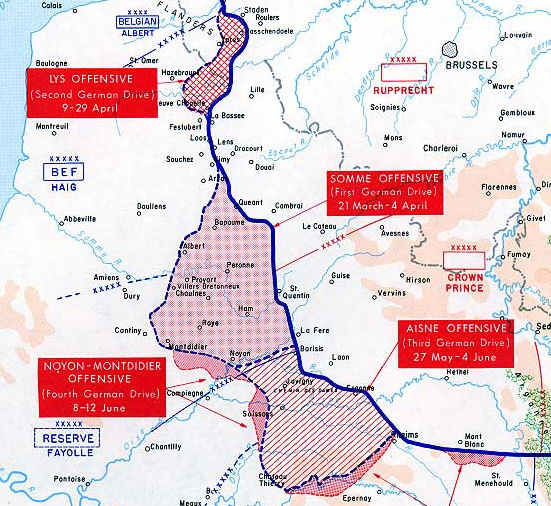 Detail from 'Map of the final German offensives on the Western Front (World War I), 1918 ~ From the History Department of the US Military Academy West Point' . See above