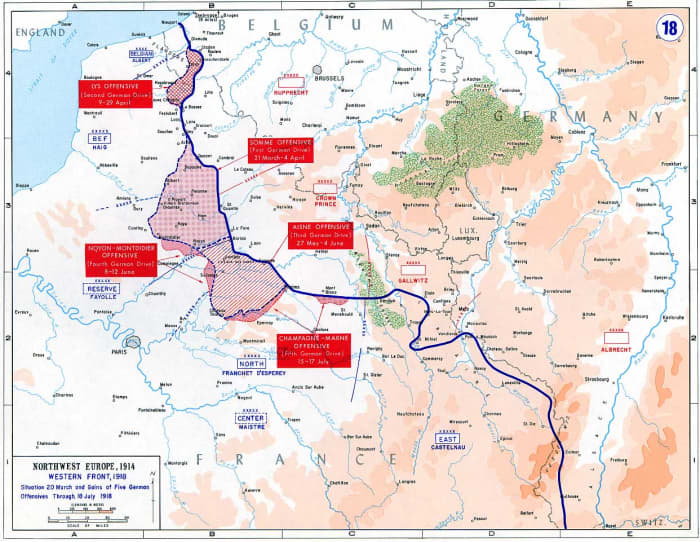 'Map of the final German offensives on the Western Front (World War I), 1918 ~ From the History Department of the US Military Academy West Point' . See: http://en.wikipedia.org/wiki/File:Western_front_1918_german.jpg