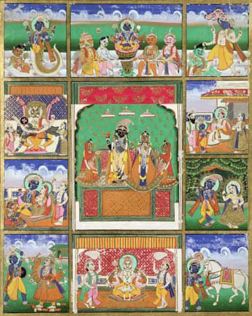 (Vishnu with his 10 avatars (incarnations): Fish, Tortoise, Boar, Man-Lion, Dwarf, Rama with the Ax, King Rama, Krishna, Buddha, and Kalkin. Painting from Jaipur, India, 19th century; Victoria and Albert Museum, London.