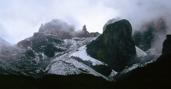 Mount Kenya aka Kirima Kiri Nyaga. What you are seeing is not snow and gracier - its the crown of the Kikuyu Deity. Image Credit: Mehmet Karatay via Wikimedia Commons