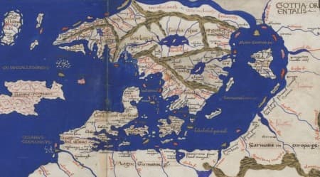 A mediaeval map of Scandinavia showing in particular S W Norway and Denmark - notice foreshortened Norway and Sweden 'detached' from Finland