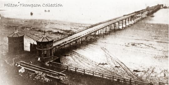 Saltburn pier, 1869 at low tide. At one stage there was a dance floor at the end and a band to play for dancers