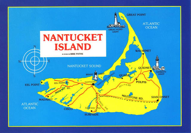 This a great map of the island and shows the layout. A great deal of town is located near Nantucket Harbor, but there are outer areas like Siasconset that you will want to visit. Notice the long bike path.