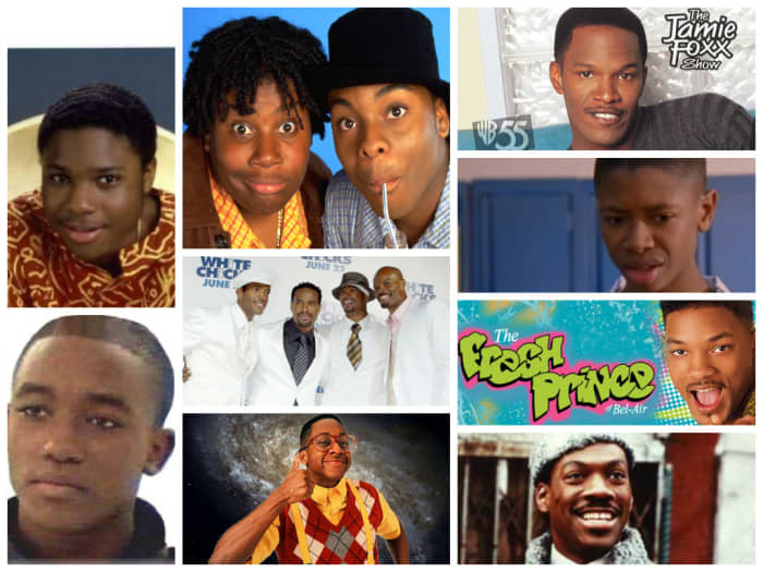 L to R: Malcolm Jamal Warner, Kenan Thompson, Kel Mitchell, Jamie Foxx, Lee Thompson Young, Marlon Wayan, Shawn Wayan, Damon Wayan, Keenan Ivory Wayan, Arjay Smith, Jaleel White, Will Smith, Eddie Murphy