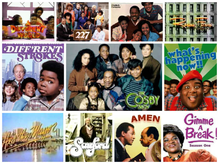 L to R: A Different World, 227, Charlie & Company, The Redd Foxx Show, Diff'rent Strokes, The Cosby Show, What's Happening Now!!, He's the Mayor, Sanford, Amen, and Gimme a Break!