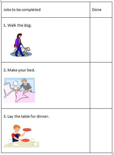 A simple visual check list showing a child what jobs they need to complete. Each item can be ticked off as the child progresses through them.