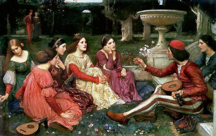 The Decameron, written by Giovanni Bocaccio follows the story of a group of Florentines who escaped the city ravaged by plague. Over the next ten days they pass the time by telling each other 100 stories, with each one an allegory.