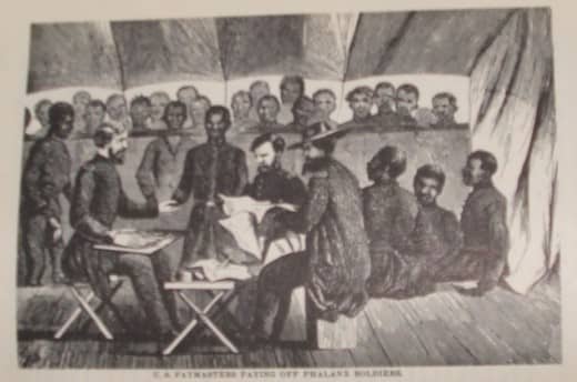 An illustration of payment tendered to the troops. Note the interesting caption: "US Paymaster Paying Off Phalanx Soldiers"