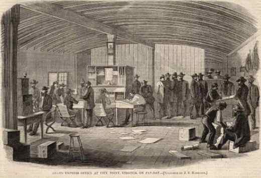 The office at Adams Express at City Point, VA in 1864 during payday. Appropriately, it is rather busy