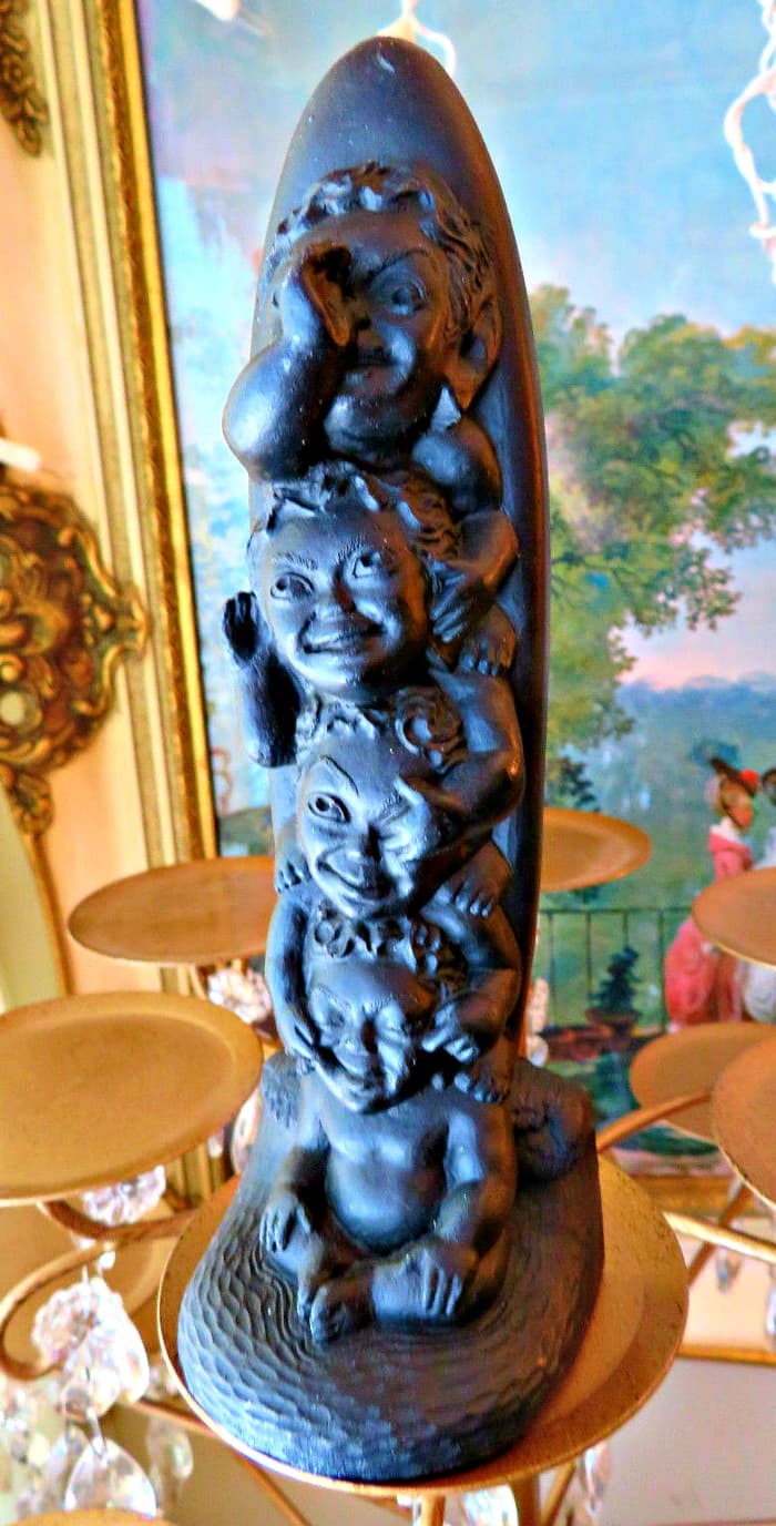 THE FOUR WISE MENEHUNE MADE WITH LAVA COCO JOE HAWAII, made 1964, Menehune are a dwarf people in Hawaiian mythology who live in the deep forests and hidden valleys of the Hawaiian Islands, far from the eyes of normal humans. The Menehune were said to