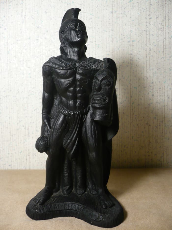 Coco Joe’s Vintage Hawaiian Lava King Kamehameha #134. He measures 8 inches tall and is made from Hawaiian Lava! Coco Joe was a maker of really cool Hawaiian souvenirs sold in Hawaii. Coco Joe located in Punaluu Hawaii.