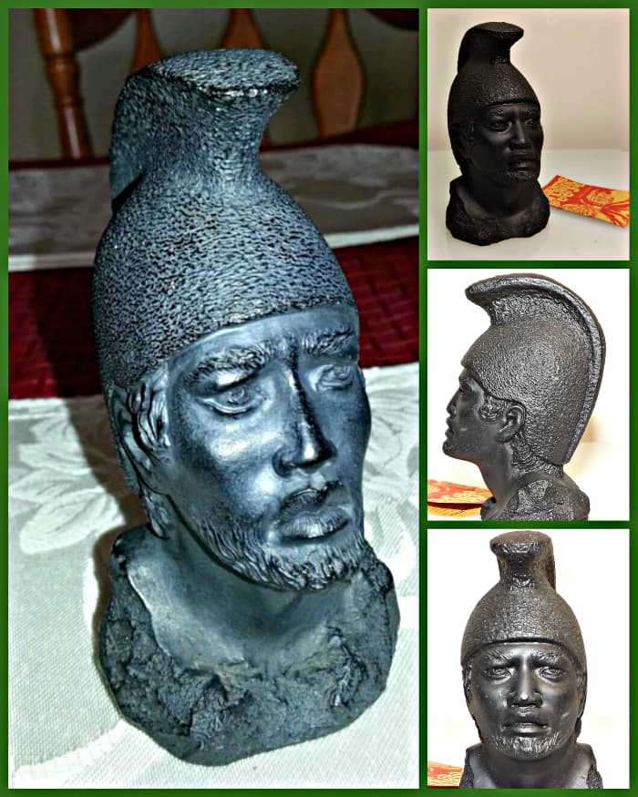 Coco Joe’s Head Bust of King Kamehameha, or is sometimes called the bust of Koa Anonui. It measures 4 inches tall and 2.25 inches wide. Made of lava from Hawaii.