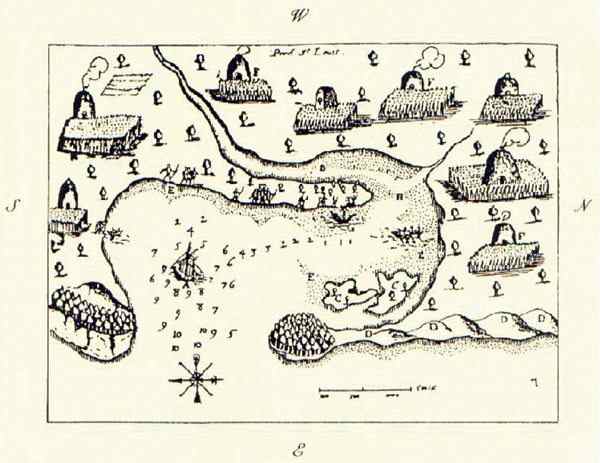 Plymouth, Massachusetts, harbor showing extensive Native American settlement (a sketch by Samuel de Champlain from his voyage of 1606)