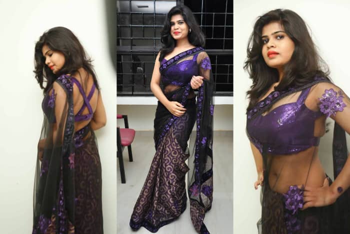 Black net with katan half and half saree with very sexy purple sequined blouse with cross back style back