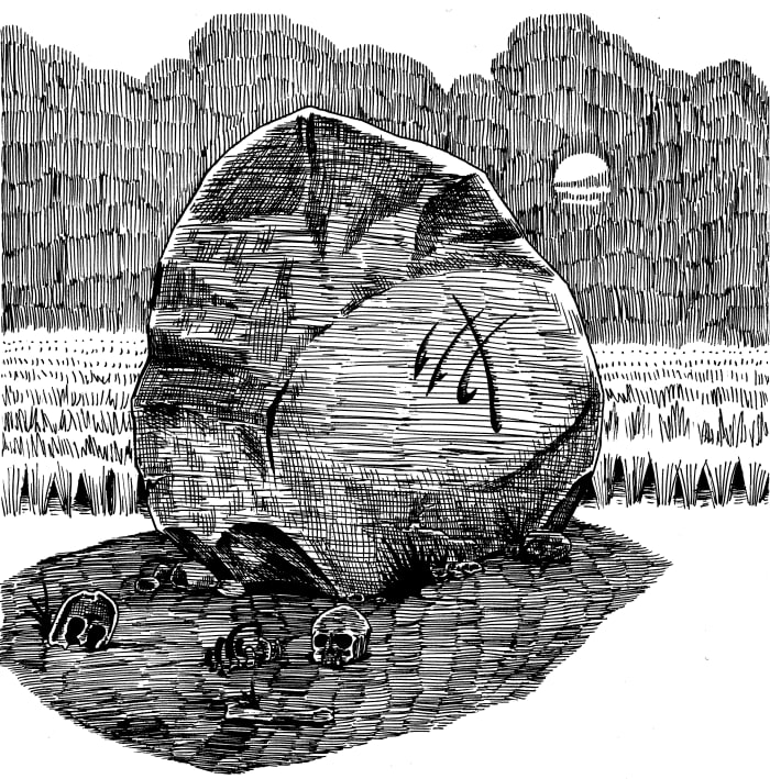 In addition to the rune, there is a skull and some bones along with a rusted helm in the rock's shadow.