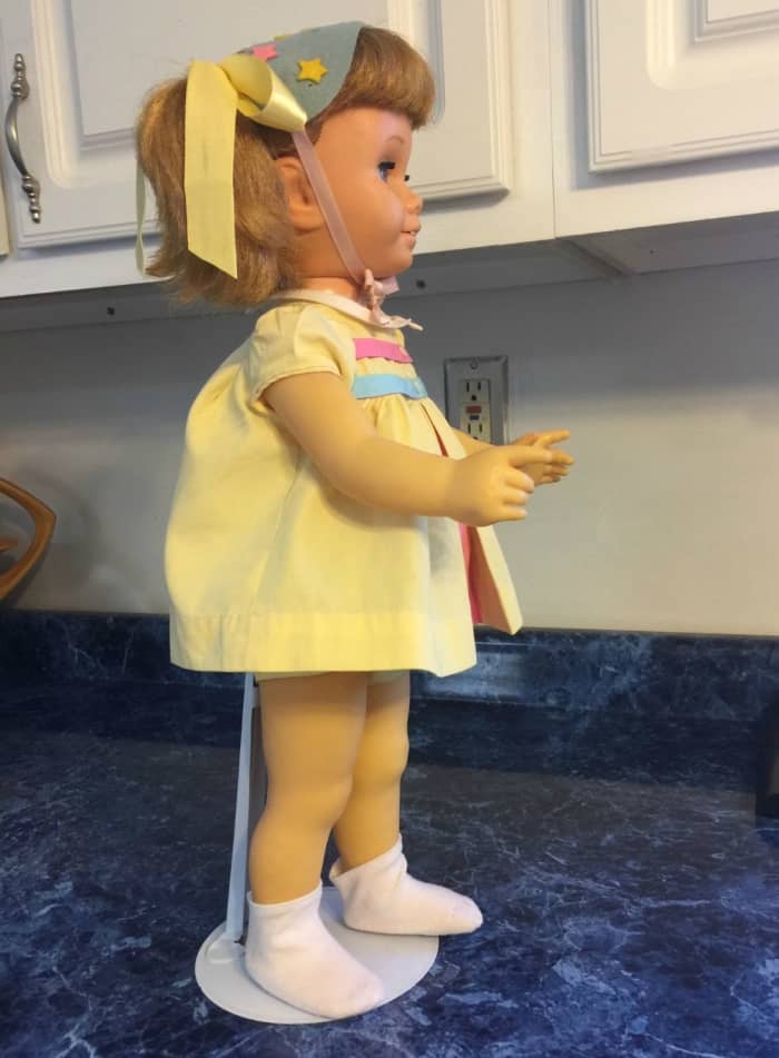 Original Dress tagged Nursery School stock #695. Originally she said 18 phrases, but she doesn't speak now.
