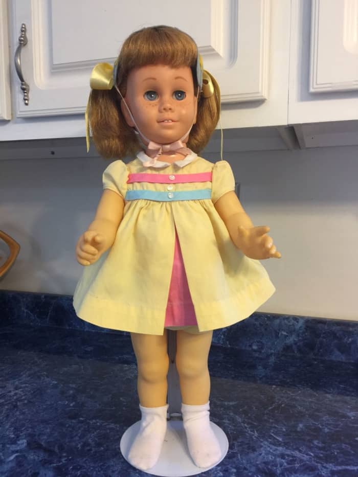 Mattel Chatty Cathy she is a original 5th Issue 1962-1964 with blonde hair and blue eyes. She is in her Nursery School dress; with blonde pigtail hair style ...