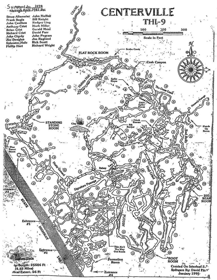 Here is the map of the cave system under the city of Centerville. one of the entrances was right under the old courthouse. The caves have been closed to the public for many years do safety concerns, & the fact One could get lost in the many branches.