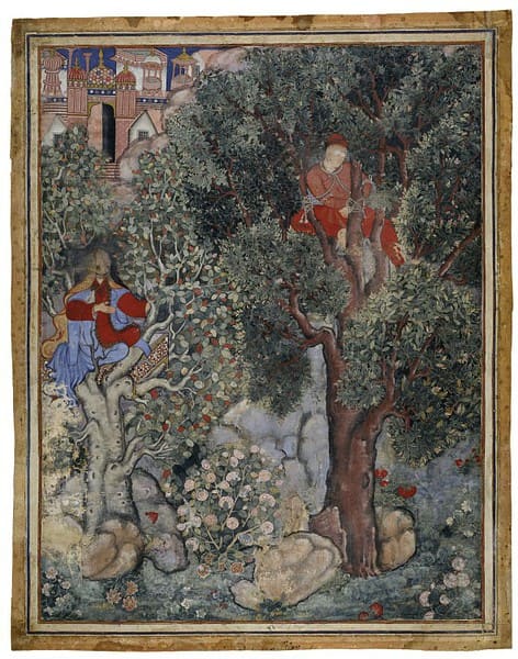 The Hamzanama chronicles the fantastic adventures of Hamza as he and his band of heroes fight against the enemies of Islam. This illustration shows the witch Anqarut in the guise of a beautiful young woman, who hopes to seduce the handsome king Malik
