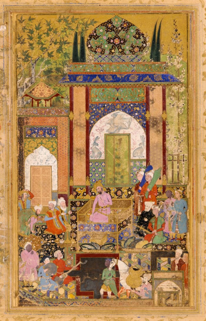 Mughal painting: Babur Receives a Courtier by Farrukh Beg c. 1580-85. Opaque watercolor and gold on paper, painted and mounted within borders of a Rawżat aṣ-ṣafāʾ page. Freer Sackler Gallery.