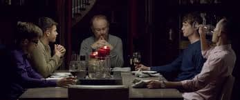 Danny (Christian Gabriel- far l) Kyle (Pano Tsaklas-l) Forrest (Michael Champlin- c) Lance (August Browning- r) and Christian (Christopher Fung- far r) enjoy dinner and Lance and Christian's lavish house