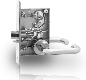 Sargent 8200 series mortise lock shown with the case cover off. Looks like classroom function, perhaps?