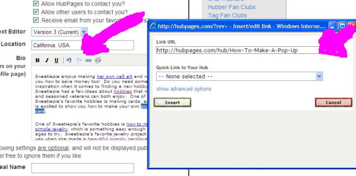 Click on the hyperlink tool and then add the link to the hub in the box. Follow the arrows when in doubt.