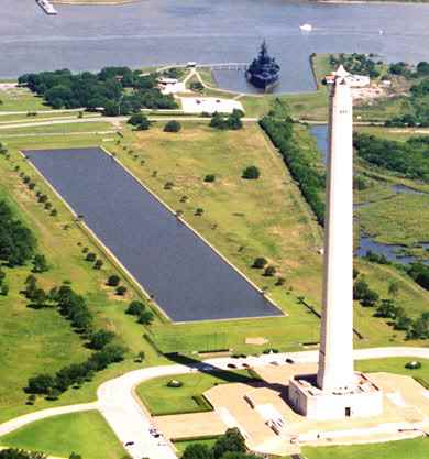 The San Jacinto Monument is a 570 foot high column topped with a 220 ton star that commemorates the site of the Battle of San Jacinto, the decisive battle of the Texas Revolution.