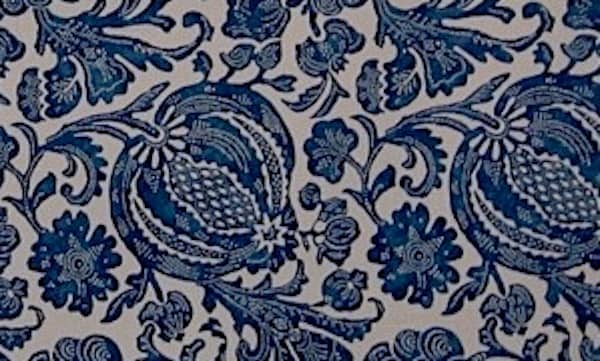 A typical period reproduction indigo resist design handprinted on 100% cotton