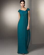 Tadashi Asymmetric Knotted Silk Gown, Deep Aqua, Asymmetric neckline gathered into knot at left chest, cap sleeves, shirred skirt; $390. Available at neimanmarcus.com. Photo credit neimanmarcus.com