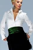 As featured on brides.com; photo credit brides.com; designed by Charles Nolan; White cotton tuxedo shirt $178; black silk taffeta skirt $598; green taffeta sash $150 accessories: Swarovski crystal and jade CZ earrings $390 by Edict; feather