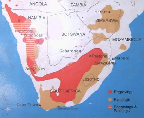 San rock art is distributed from Angola in the west to Mozambique and Kenya in the east, throughout Botswana, Zimbabwe and South Africa - wherever cave conditions have favoured preservation from the elements. There is a stylistic unity across the reg