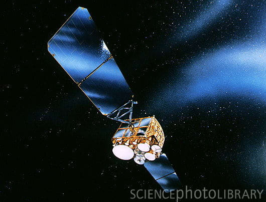 artist's impression of a Defense Satellite Communications System LHase III. the satellites have a degree of nuclear hardening, enabling them to operate in the intense electromagntic field generated by nuclea weapon blasts. Were launched in 1985 and