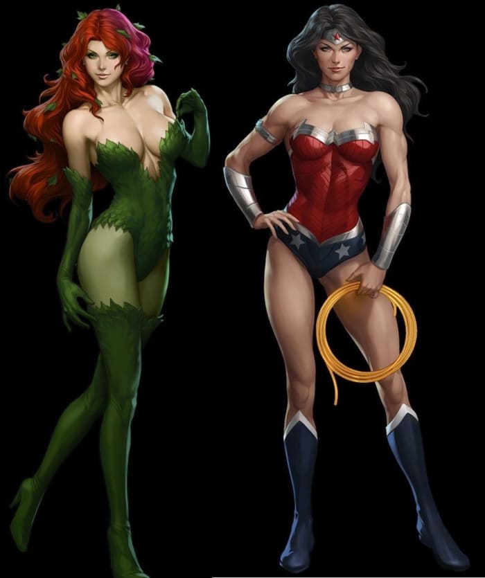 Here's a gorgeous portrait of Poison Ivy and Wonder Woman, two of the most popular female figures from comics.