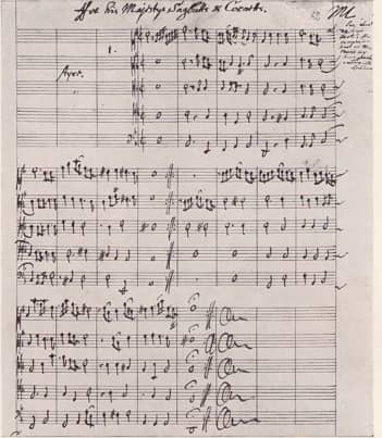 Manuscript from Matthew Locke's Music for his Majestys Sagbutts and Cornetts (1661), probably written for the coronation of Charles II.