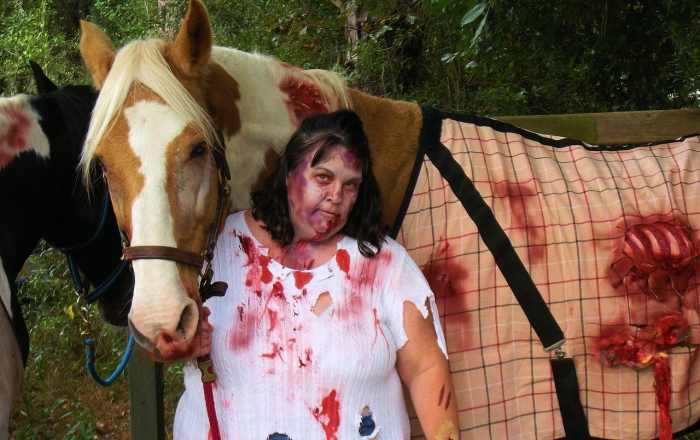 Use clothing and a horse blanket that you don't mind messing up. Use plenty of gory blood (available at stores in October wherever costumes are sold)
