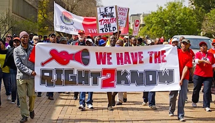South Africans have been vocal in their right to know the details of the government’s controversial arms deal. (R2K campaigners opposing the Secrecy Bill outside Luthuli House in Johannesburg)