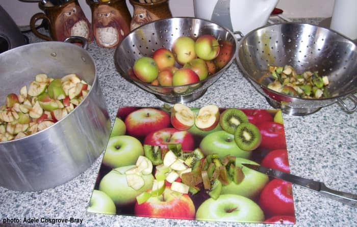Dice the fruits - don't fuss about pips or peel, but apple stalks are destined for the compost heap.