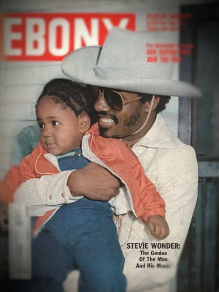 Stevie Wonder and daugther Aisha on the January 1977 cover of Ebony Magazine which was published by Johnson Publishing Company. Original Photo Credit: Billy Pierce Jr.
