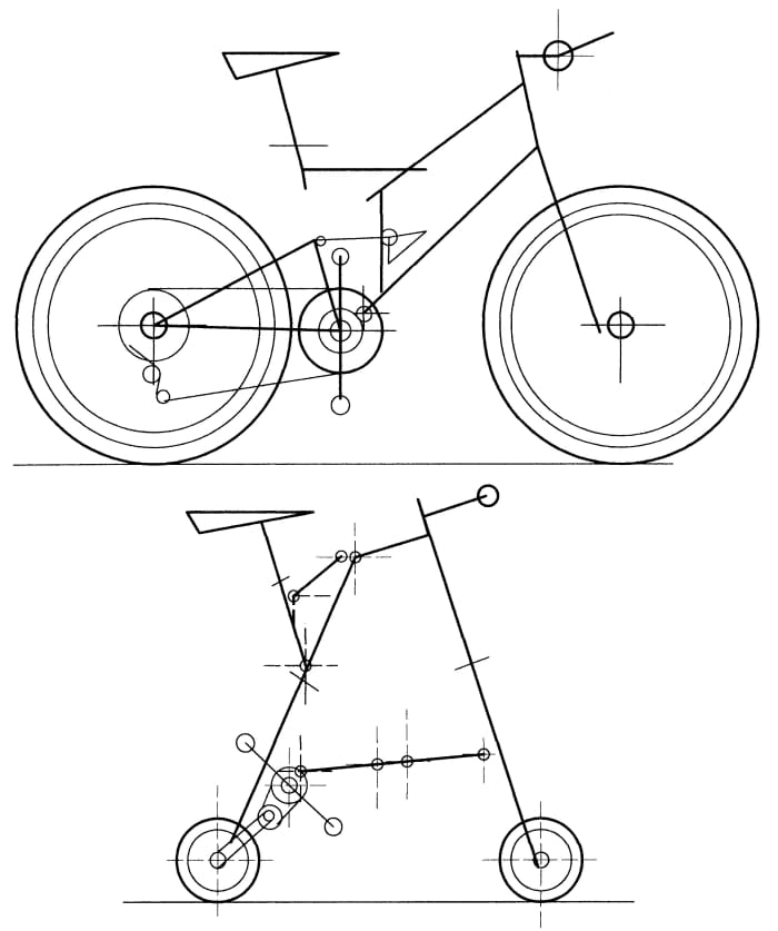 A sampling of the size difference between full-sized bike (a mountain bike shown) vs a micro bike design (a layout of the A-bicycle being shown).